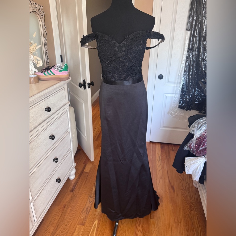 Ashley & Justin Black Lace Off-the-Shoulder Bridesmaid Gown – Formal Maxi Dress